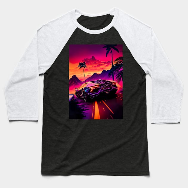 Synthwave aesthetic sport car with palms Baseball T-Shirt by Synthwave1950